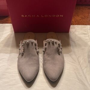 Sacha London Taupe Mules with Pearl Accents